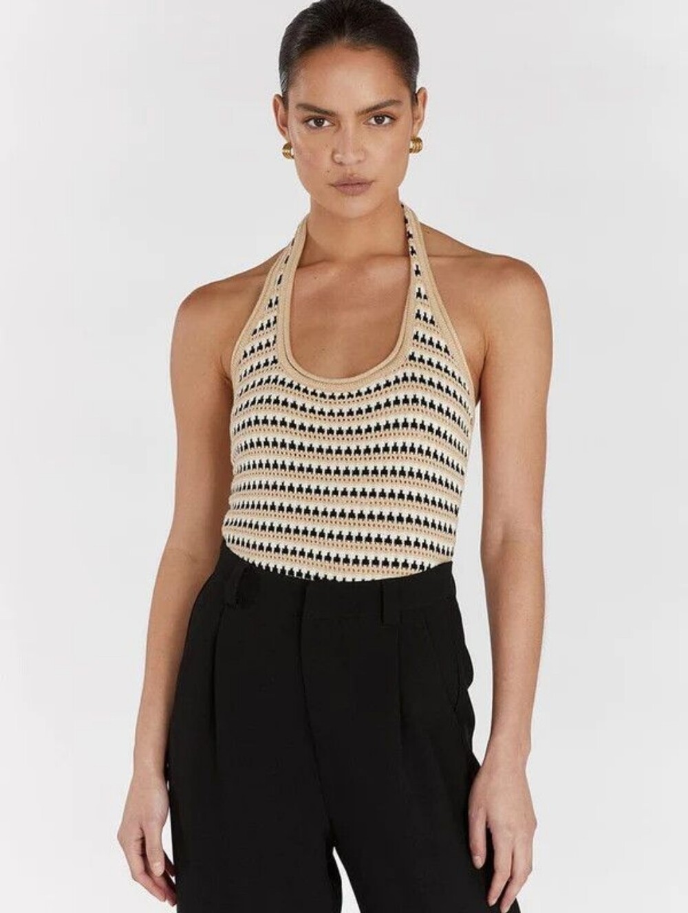 DISSH Mimi Natural Stripe Crochet Top Tan Black Size Large